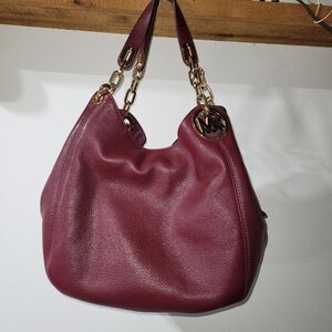 MICHAEL KORS FULTON SHOULDER HANDBAG MERLOT LEATHER GOLD HARDWARE W/certificatio